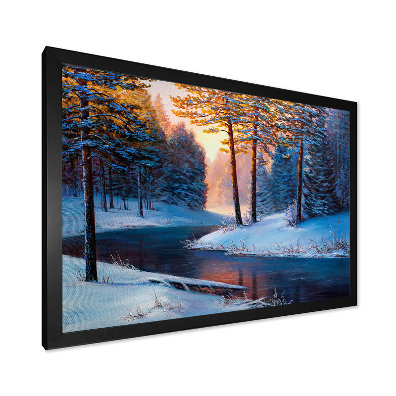 «Sunshine Through The Christmas Forest By The River», peinture sur toile, H 30 po x l 40 po x 1,5 po, Cadre noir