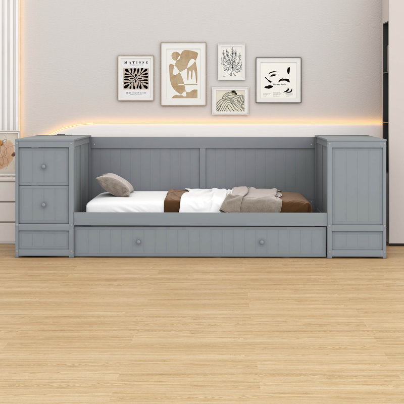 Lit de jour simple avec couchette et accoudoirs de rangement, canapé-lit en bois avec station de charge, Gris