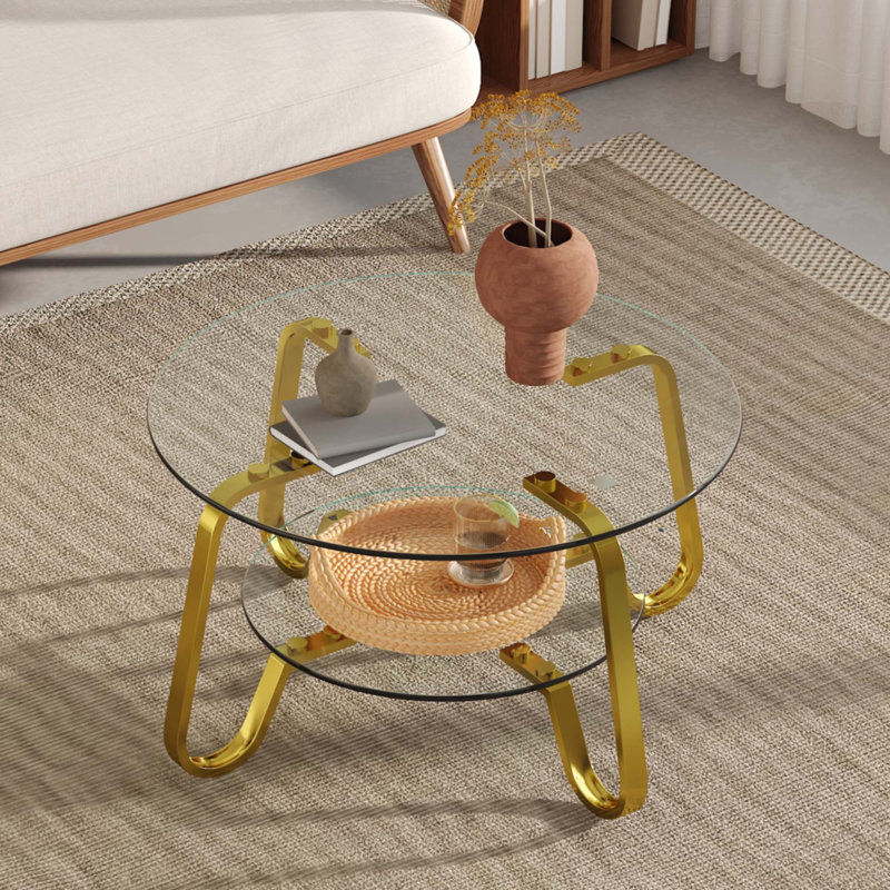 Table basse en verre trempé à double couche de style rétro minimaliste, Doré