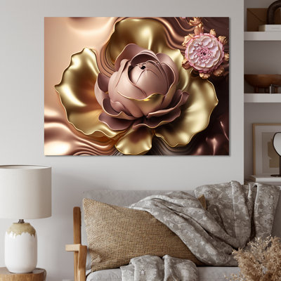 Décoration murale rétro en métal avec fleurs roses et dorées