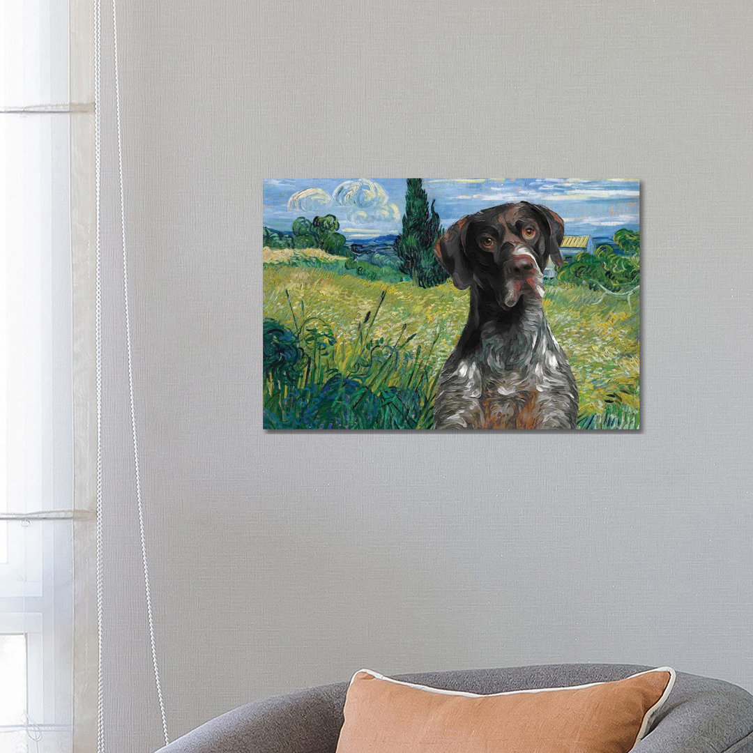 German Shorthaired Pointer Wheat Field with Cypress - Wrapped Canvas Painting