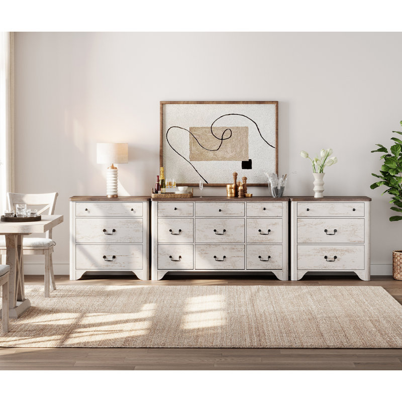 Ensemble de commode de chambre 3 pièces, commode 9 tiroirs et commode 3 tiroirs Haikey, Blanc / brun