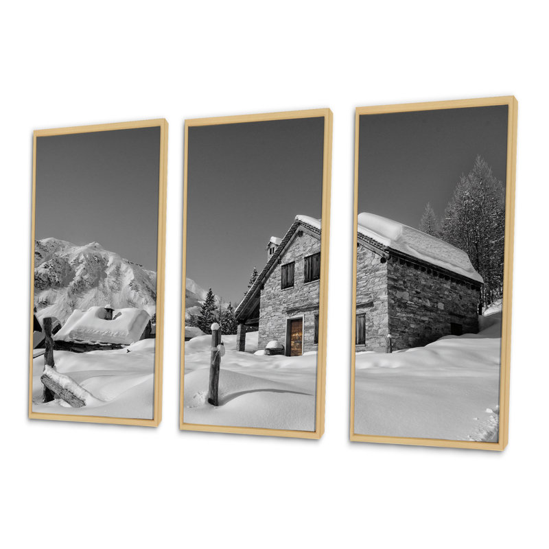 Alpine House On A Snowy Mountain - 3 pièces, reproduction sur toile, H 28 po x l 36 po x P 1 po, Cadre brun