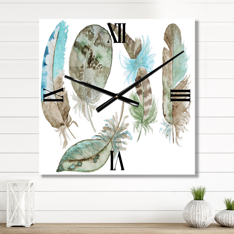 Ensemble de plumes vertes - horloge murale bohémienne et éclectique, Très grand