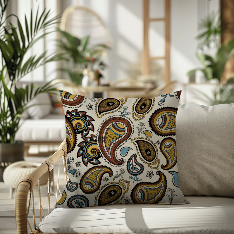 Coussin intérieur / extérieur réversible Hema Paisley, Noir / brun / or / bleu, Carré 17 po