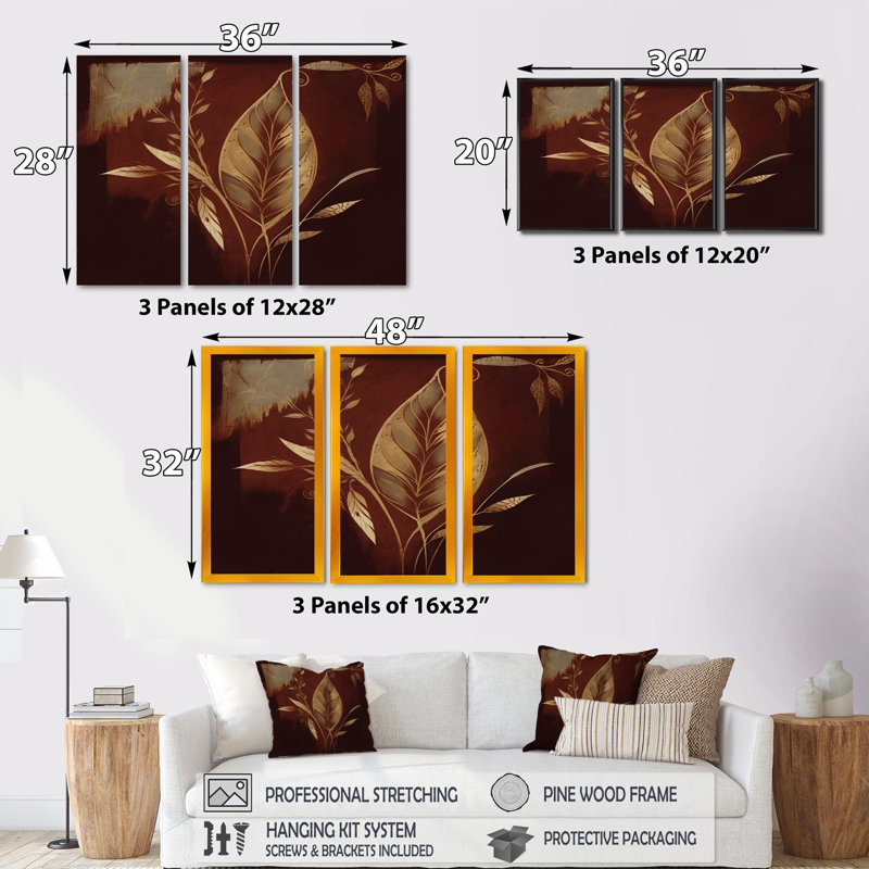 «Terra Cotta Chocolate Leaves IV», reproduction sur toile 3 pièces, H 28 po x l 36 po x P 1 po, Toile encadrée noire
