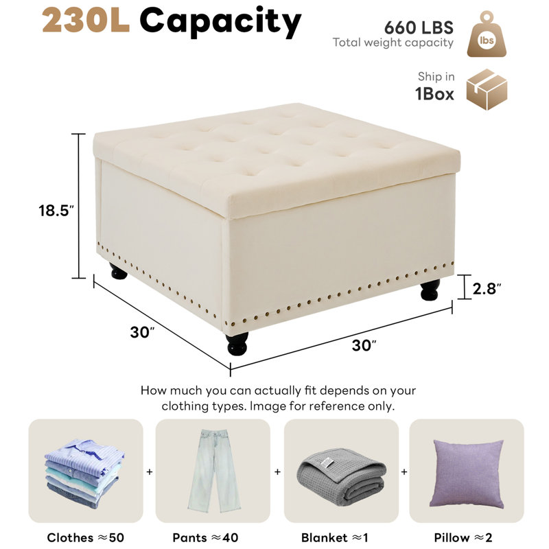 Repose-pieds carré avec rangement Arshi, Velours beige