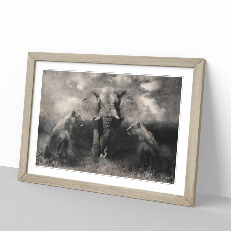Elephant with Lions - Picture Frame Graphic Art, 27cm H x 36cm W x 2cm D, Oak Framed