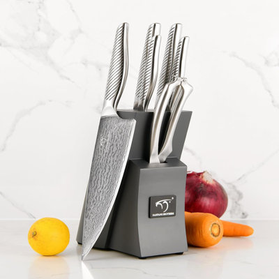 7-Piece Damascus Knife Set with Block, Vg10 Steel Core