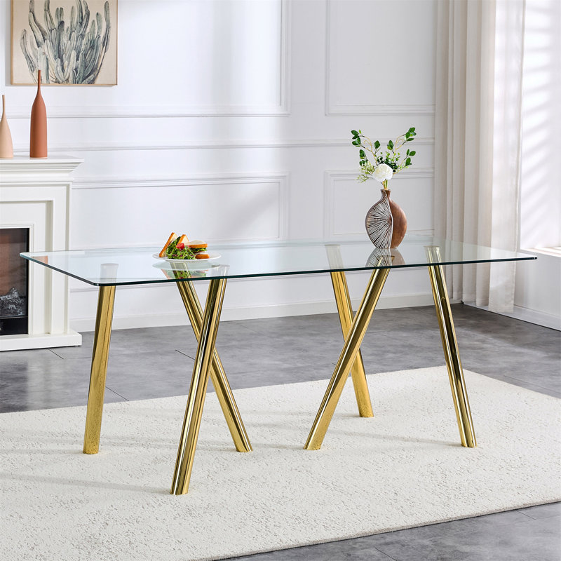 Table de salle à manger en verre trempé de 71 pouces avec pieds robustes en métal, Doré