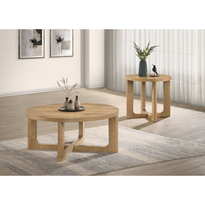 Wai 2-Piece Round Sculptural Wood Coffee Table Set Light Oak