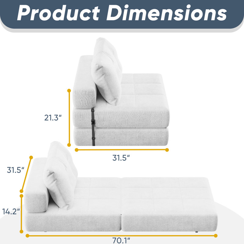 70"Pullout Sofa, Sofa Mattress, with Throw Pillows, White