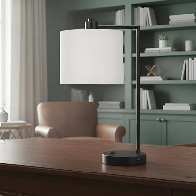 Lighting, H 19 po, lampe de table, port USB inclus, métal noir, abat-jour ivoire / crème, moderne
