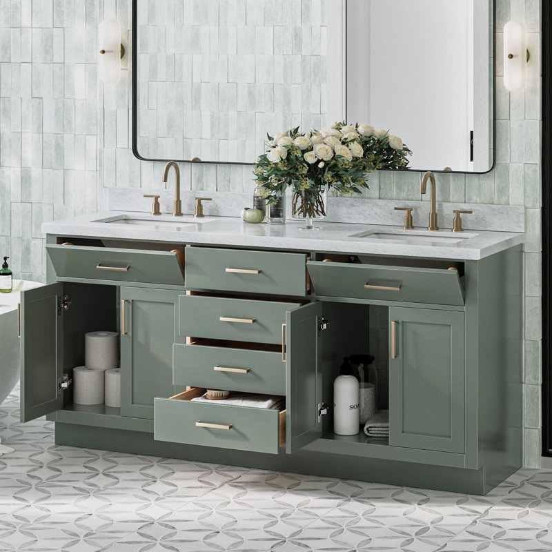 ARIEL HEPBURN 73 IN DOUBLE RECTANGLE SINK VANITY 1,5 IN, 73", Rectangular, Vintage Green