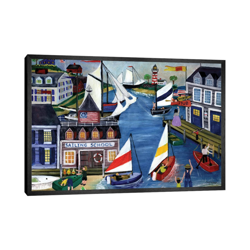 Sailing School Folk Art by Cheryl Bartley - Painting on Canvas, Black Framed, 45.72cm H x 66.04cm W x 3.81cm D