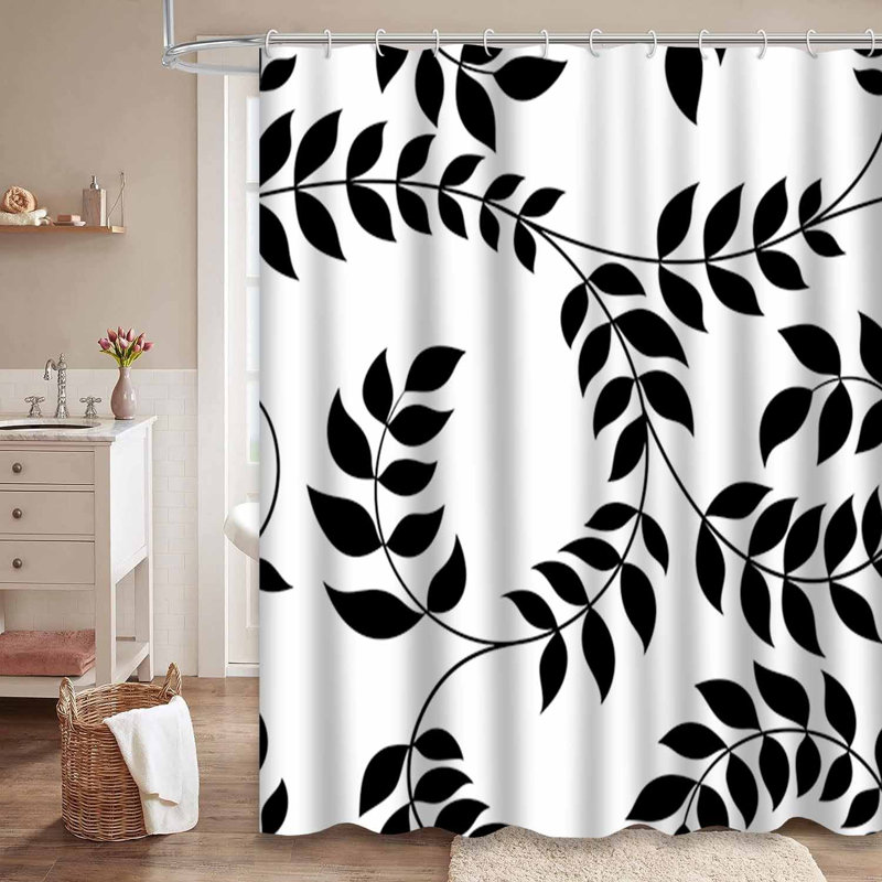Rideau de douche décoratif bouclé noir lierre blanc avec 12 crochets, L 72 po x l 78 po
