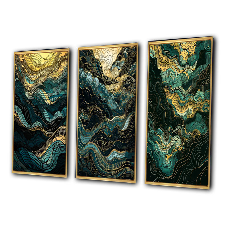 «Green Linear Symphony», 3 pièces sur toile, Cadre flottant doré, H 32 po x l 48 po