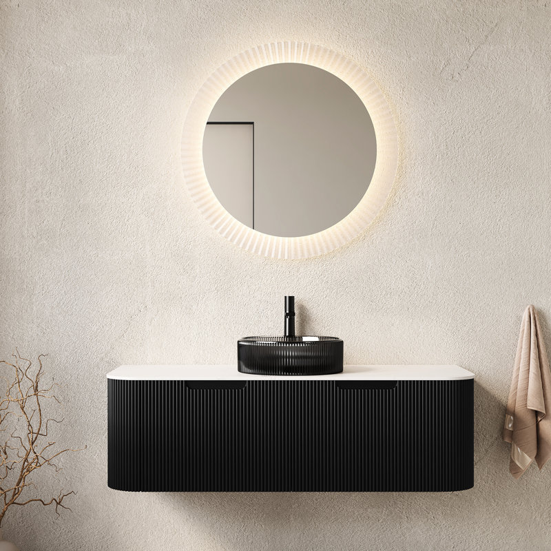 Meuble-lavabo mural de 48 po avec lavabo rond en verre noir transparent, rangement à 2 tiroirs avec finition matte à rayures 3D, glissières sous plan à fermeture en douceur, contreplaqué épais de 18 mm, profilé