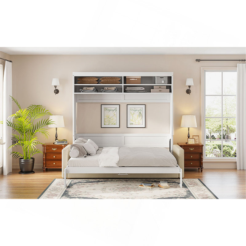 Queen Size Murphy Bed Wall Bed With Sofa,White, White