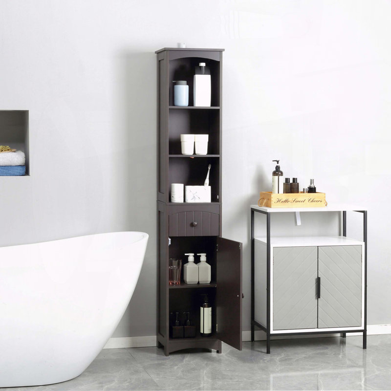 Grande armoire de rangement pour salle de bain avec tablettes à 3 niveaux et tiroir