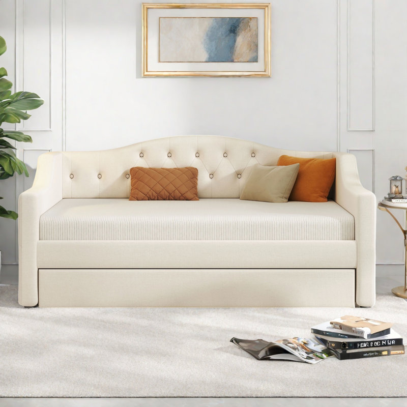 Lit de jour moderne rembourré avec ceinture à DEL, couchette et capitonnage à boutons, Beige