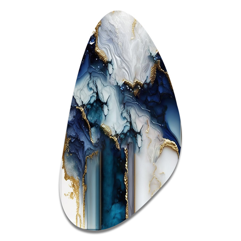 Géode abstraite, marbre blanc et bleu I - art abstrait asymétrique en forme de marbre en métal, H 39 po x l 21 po x P 1 po