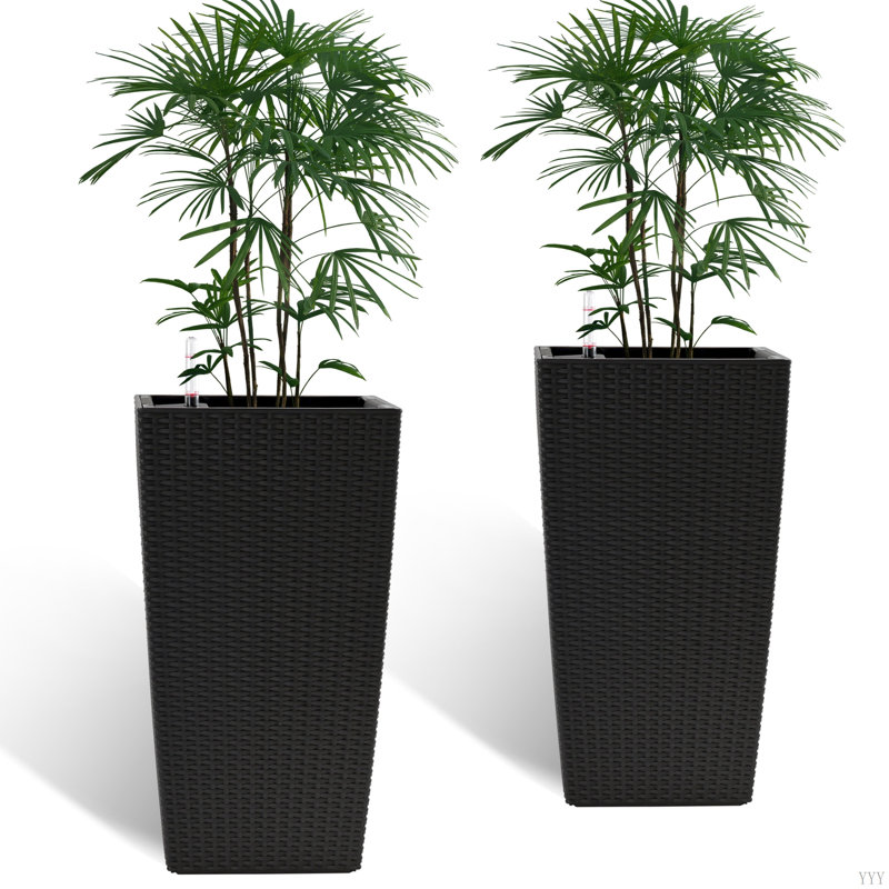 Square Planter For Indoor Or Outdoor Use, 22-Inch High Faux Rattan Design Flower Pot With Automatic Watering System For Porch, Patio, Backyard, Makes Keeping Flowers Easier (Pack Of 2)