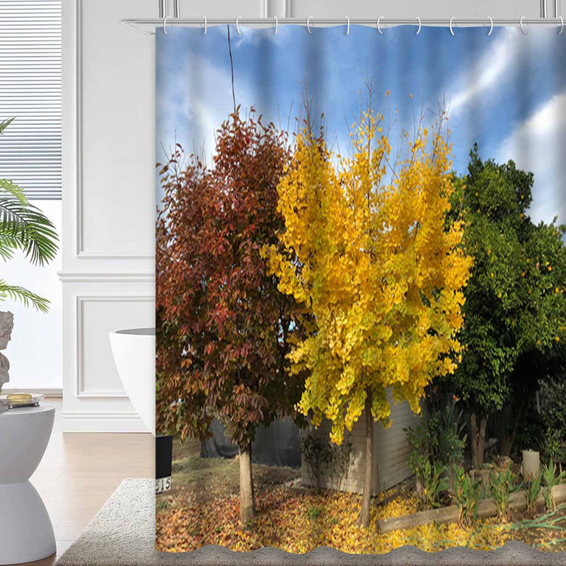 Blue Green Autumn Leaves Trees Colorful Shower Curtain with 12 Hooks, 72" L x 72" W