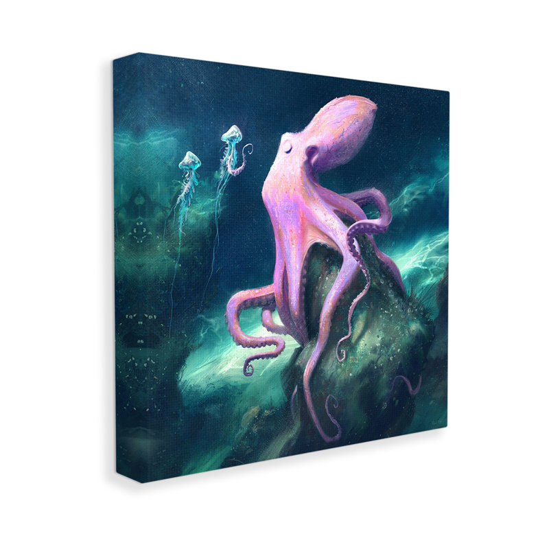«Octopus & Jellyfish Friends», art mural sur toile par Vlad Mel, H 17 po x l 17 po