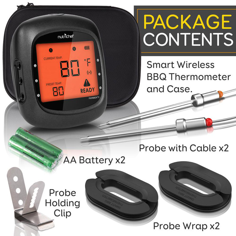 Nutrichef Bluetooth Wireless BBQ Digital Thermometer - Includes 2 Temperature Probes And Travel Case With Digital LCD Display Screen
