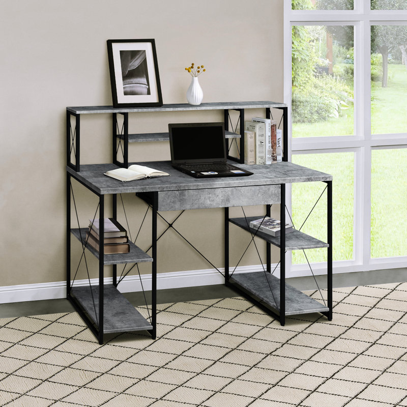 Bureau d'écriture noir + gris avec grand espace de travail et options de rangement - fonctionnel et élégant pour les bureaux