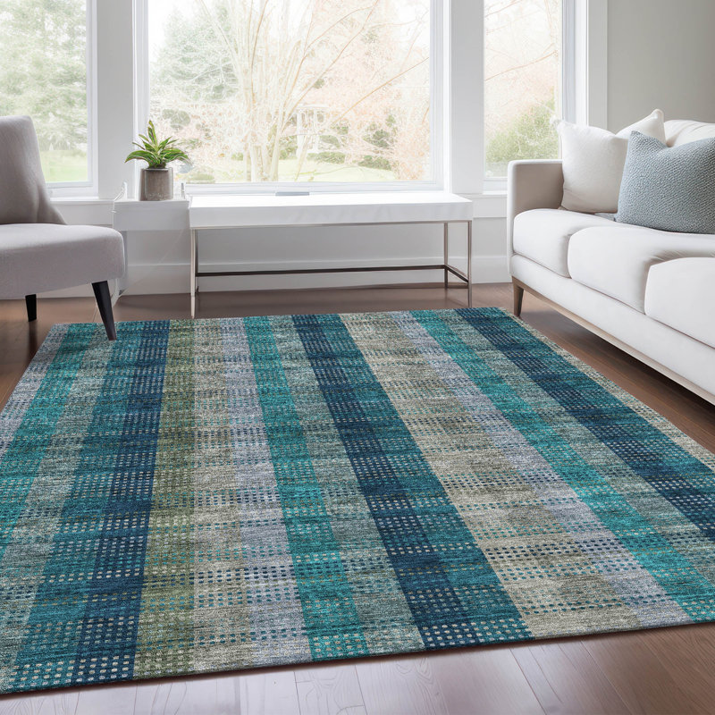 Tapis bleu sarcelle lavable à la machine Premium Prisco, Rectangulaire 3 pi x 5 pi