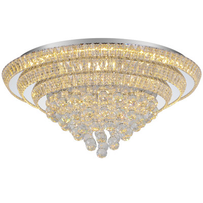 30IN Modern Dimmable Crystal Chandeliers Flush Mount Ceiling Light with Remote Control, Chrome