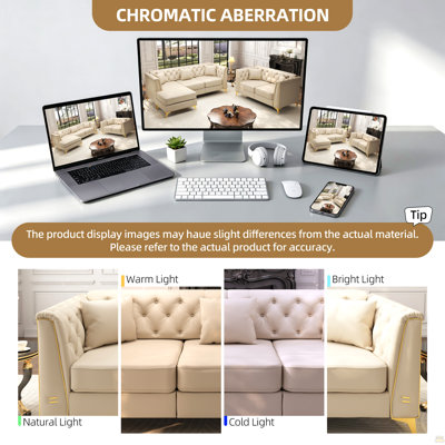 Canapé Chesterfield modulaire léger et luxueux, canapé en similicuir avec capitonnage à boutons fait main, accoudoirs à garniture métallique et pieds minces en métal, comprend 6 coussins pour salon, appartement, beige