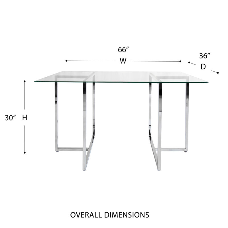 Wadley Glass Top Metal Base Dining Table, Chrome, 66" L x 36" W