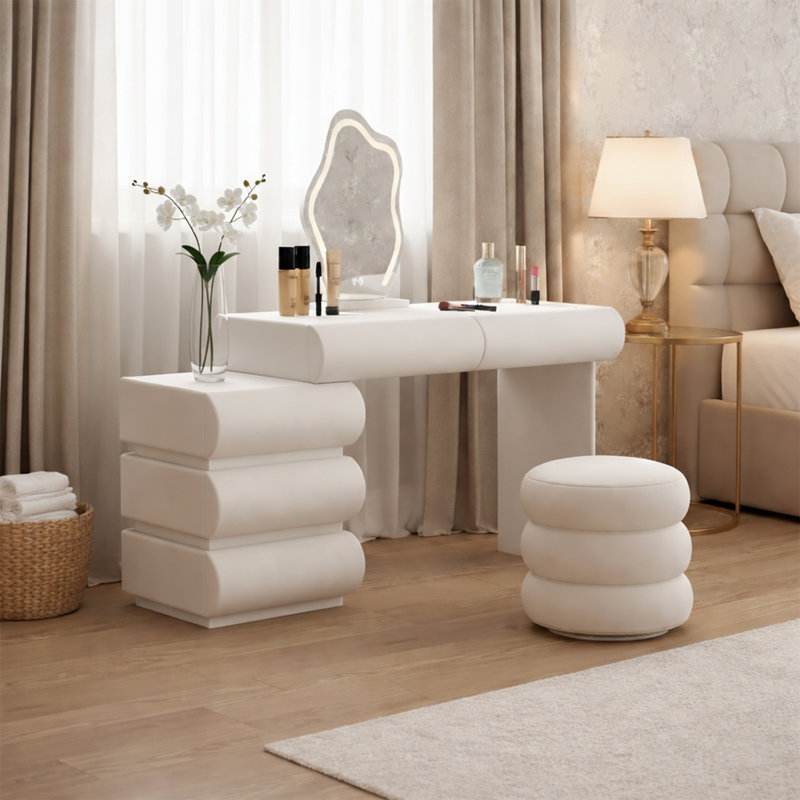 Coiffeuse de maquillage avec miroir et tabouret à DEL - Coiffeuse moderne avec 5 tiroirs pour la chambre à coucher, lumières à capteur tactile, miroir rabattable, tabouret rembourré doux, 39,4 po / blanc cassé