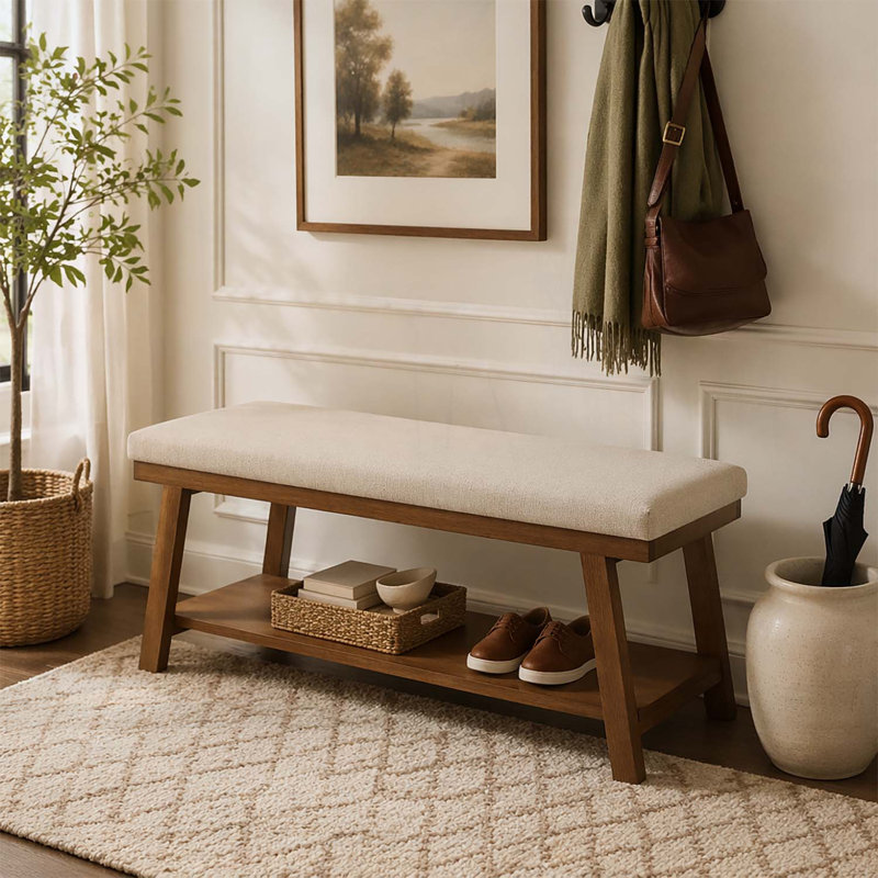 Banc rembourré avec tablette de rangement, Beige+Brown