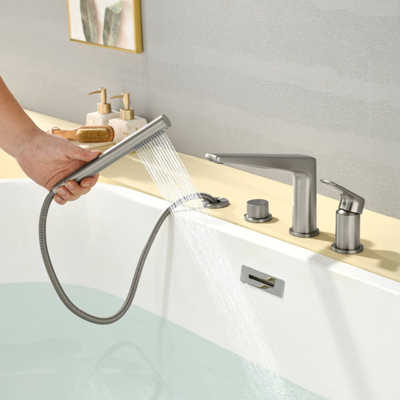 Waterfall Tub Filler Faucet With Handheld Shower Widespread Roman Tub Faucet Set Deck Mount 4-holes Faucet, Brushed Nickel