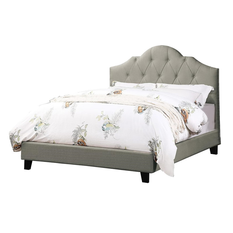 Lit très grand contemporain gris, tête de lit tapissier en polyfibre, cadre de lit plateforme en bois, chambre de style oriental gris, style moderne