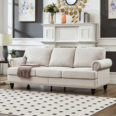 83 po avec rangement, rembourré, beige, trois sièges, décoration de clous à accoudoirs ronds, structure en bois massif, coussin à ressorts pour le salon, siège rembourré, design américain classique, accoudoirs, ressorts,