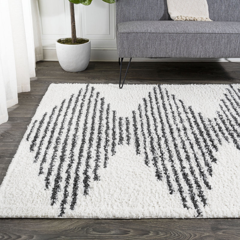 Collenn Diamond Stripe Geometric Shag White/Gray Rug, Rectangle 3' x 5'