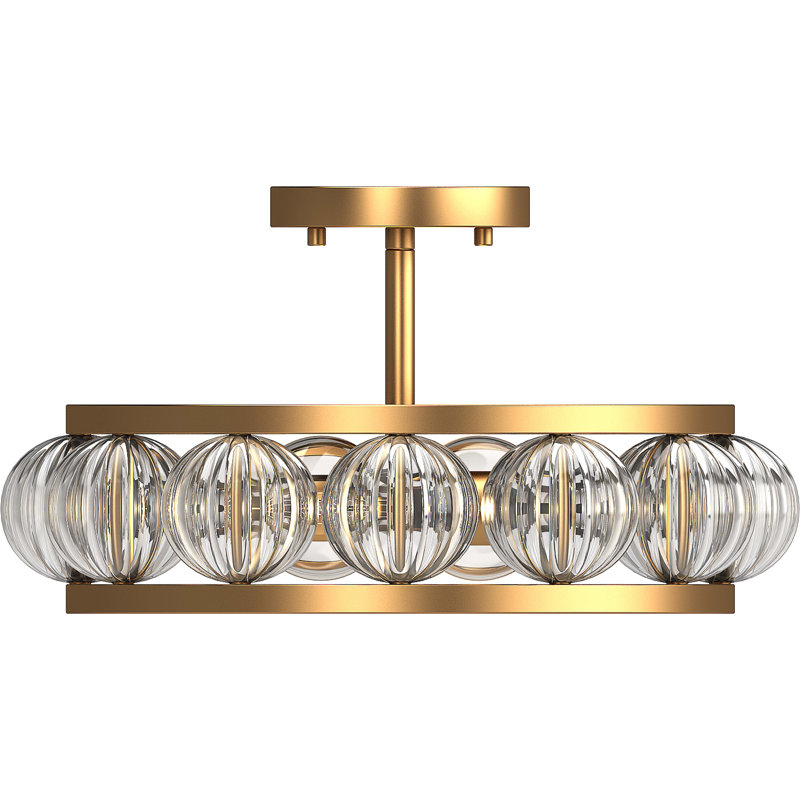 Plafonnier semi-encastré doré antique 2 lumières l 17 po avec verre transparent, Or antique