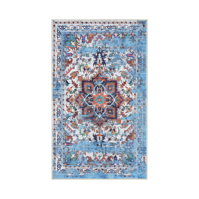 GLN Traditional Collection - Machine Washable Area Rug, Non Slip, Low Pile Chenille Living Room, Bedroom, Kitchen Rug (Blue)