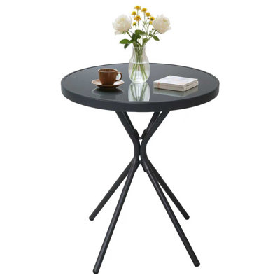 Table basse d'extérieur ronde en verre, table d'appoint noire pour patio