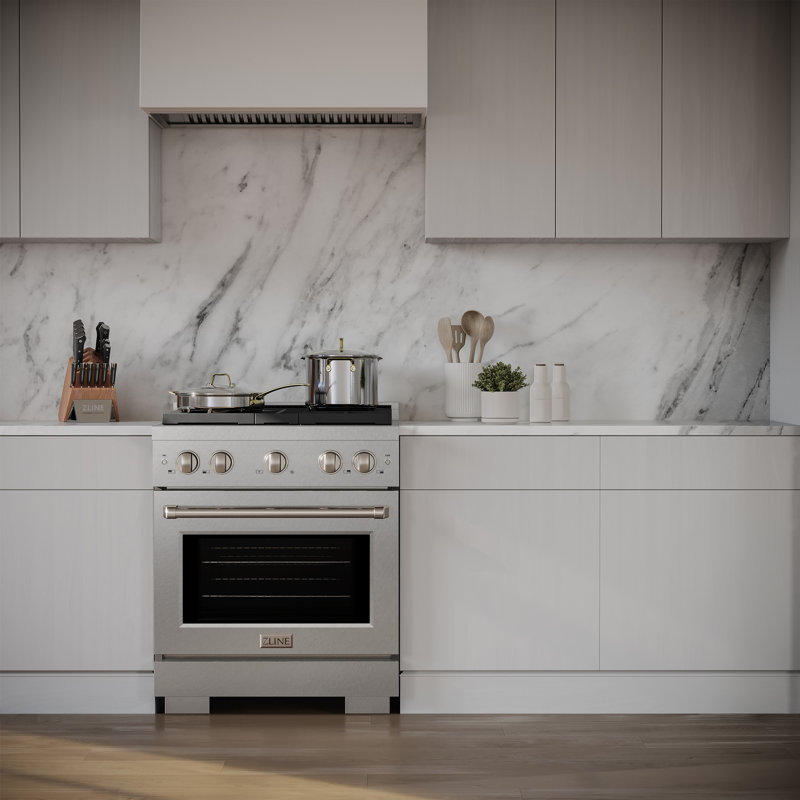 ZLINE 30 in. 4 Burner Gas Range in DuraSnow®, Stainless Steel/Brass