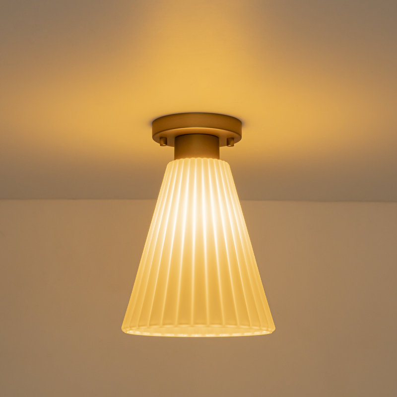 1-Light Pleated White Glass Cone Flush Mount