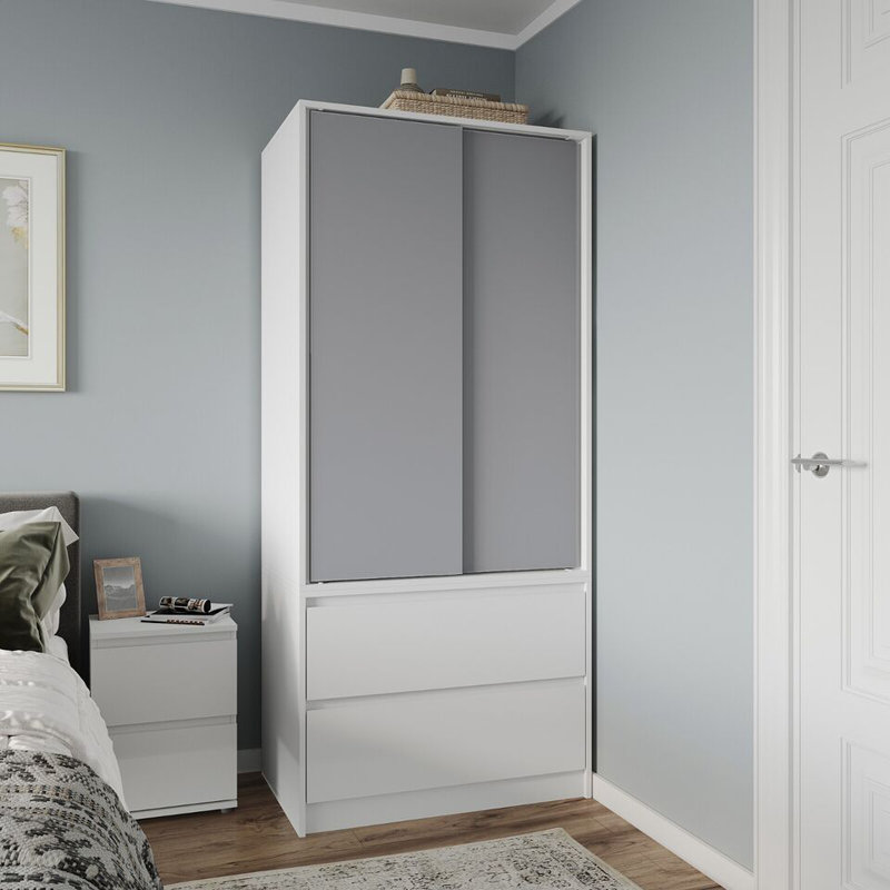 Solid Wood Wardrobe, White/Grey