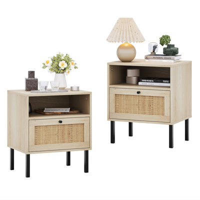 Aimara Rattan Nightstand Set 2, Bedside Table with Open Shelf and Door, Boho End Table by Bay Isle Home