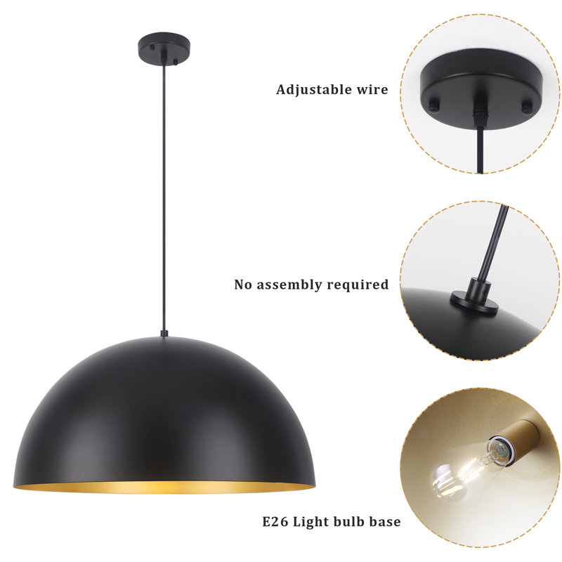 1 - Light Dimmable Single Dome Kitchen Island Pendant, 12.2" H x 23.62" W x 23.62" D, Black/Gold