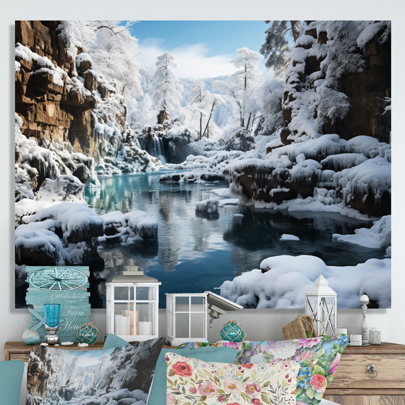 Frozen Symphony III de la chute d'eau grise et blanche - Paysages, art mural, salon, H 16 po x l 32 po x P 1 po, Toile tendue